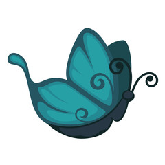 Blue cartoon butterfly from side view isolated illustration