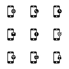 Set of simple icons on a theme Phone functions, functionality, notification, communication, internet, message, vector, set. White background