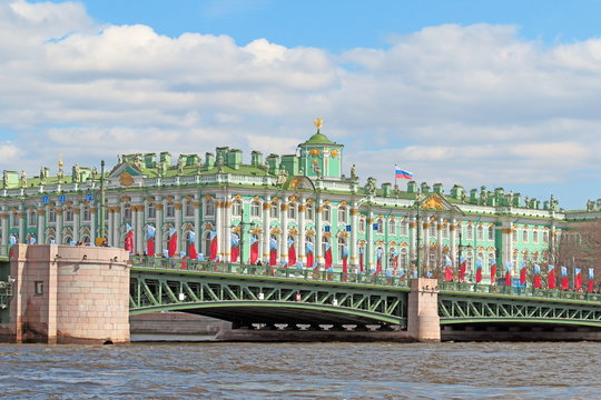 The Palace bridge and the Winter Palace in St. Petersburg may day