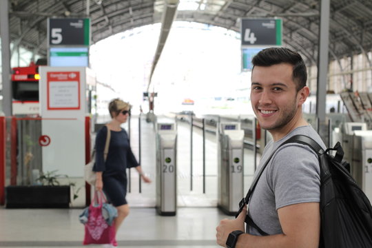 Joyful public transportation passenger with copy space