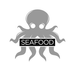 Seafood restaurant monochrome emblem with grey octopus illustration