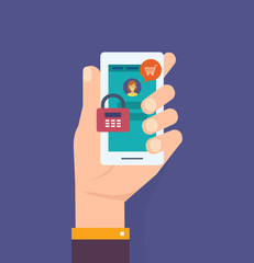 Hand with smartphone unlocked with password notification, mobile phone security.
