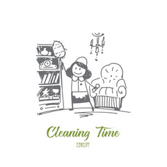 Vector hand drawn cleaning time concept sketch. Cleaning lady in special clothing tiding up room