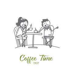 Vector hand drawn coffee time concept sketch. Friend sitting in cafe, drinking coffee and talking