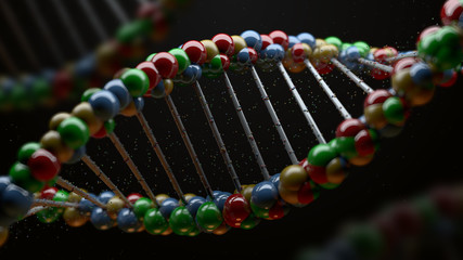 3d render of DNA form. Science background with helix of reflective spheres. Genetic concept.