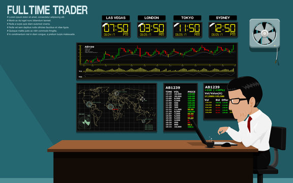 Trader Is Trading Stock In Blue Trading Room
