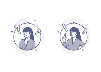Young woman thinking and deciding round outline illustrations