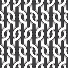 Abstract repeatable pattern background of white twisted bands with black strokes. Swatch of intertwined curved bands. Seamless pattern in vintage style.