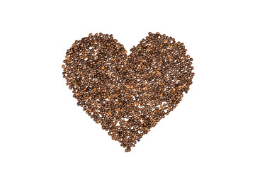 Heart symbol made from coffee seeds isolated on white