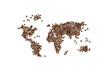 Edible world map made from coffee beans isolated on white