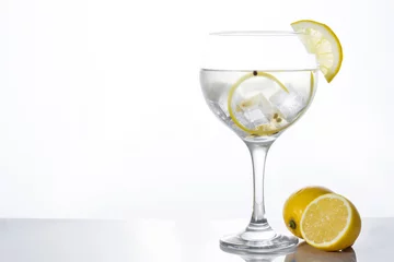 Papier Peint photo Lavable Alcool Glass of gin tonic with lemon on white background