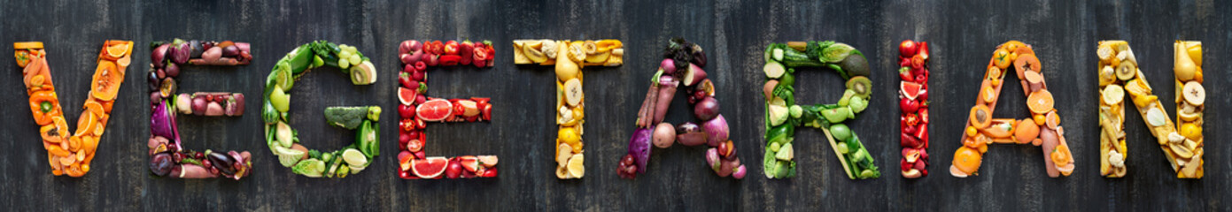 Vegetarian spelt out in colourful fruits and vegetables