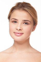 Beauty of woman with no make up on white background in studio photo. Fresh clean look. Healthy skin