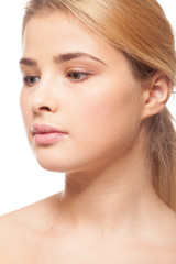 Natural beauty of woman with no make up on white background in studio photo. Fresh clean look. Healthy skin