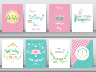 Set of birthday cards,poster,template,greeting cards,sweet,balloons,cake,feather,Vector illustrations 