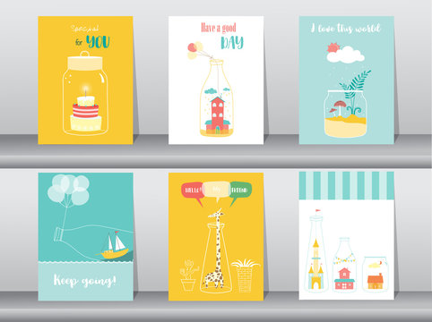 Set of cute bottle designs,poster,template,greeting cards,hand drawn,Vector illustrations