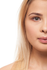 Beautiful a bit overweight girl on white background in studio photo