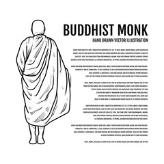 Buddhist monk. Buddha in thailand Hand Drawn vector Illustration. Travel Thailand Concept.
