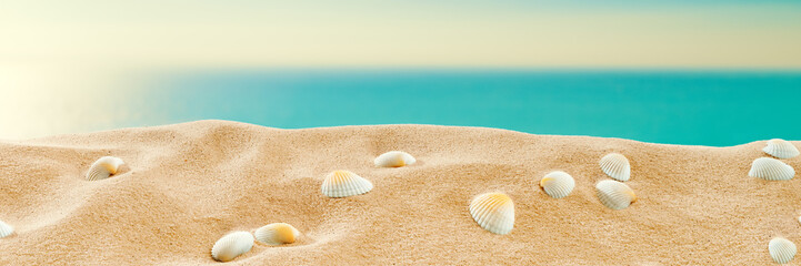 Fototapeta na wymiar On the Beach - Sand dune with shells in front of the beautiful sea; vintage stylized