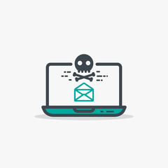 Email with malware and laptop concept. Opened mail envelope and malware or virus skull and bones sign. Modern line style vector illustration. Notebook with e-mail and harmful software.