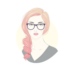 Portrait of young beautiful hipster woman with long hair with glasses. Comic style fashion illustration.