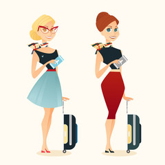 Fototapeta premium Cute cartoon woman-traveler holding airplane tickets and travel bag. Vector flat style illustration.