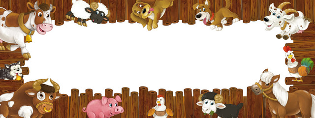 cartoon wooden frame with different farm animals like dogs sheep cat pig chicken goat and rooster © honeyflavour
