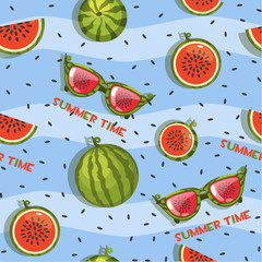 Vector Pattern of watermelon, slices and glasses, Seamless background