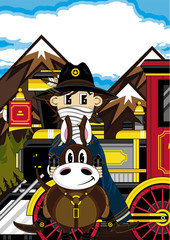 Cartoon Cowboy on Horse with Train
