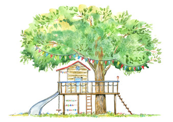 Tree house for kids.Swing, slide and playhouse.Summer image.White background. Watercolor hand drawn illustration. - 159289793