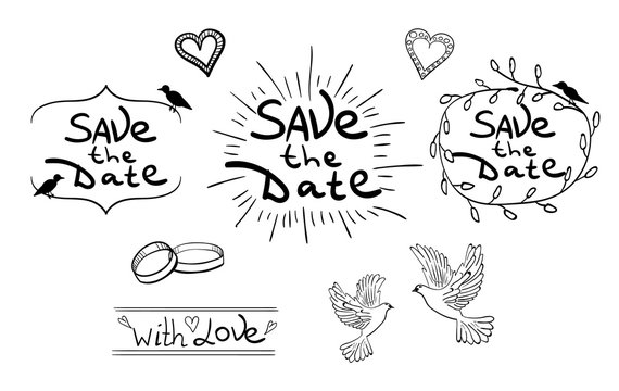 Save the Date. Set of hand drawn design elements. Vintage VECTOR. Black on white.