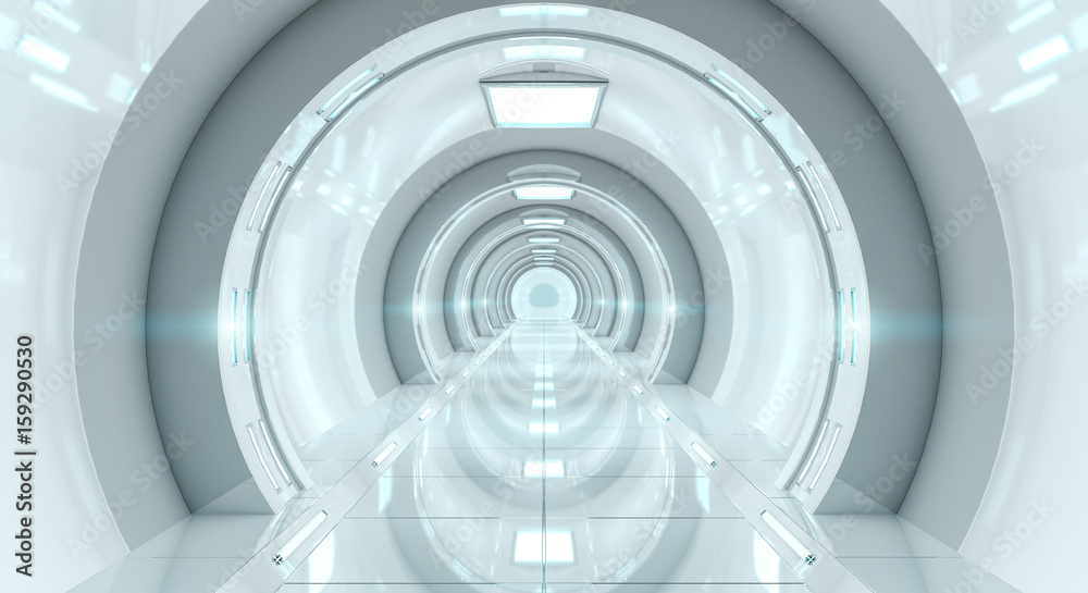 Poster bright futuristic spaceship corridor 3d rendering