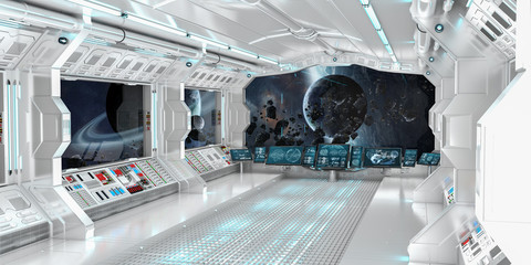 Spaceship interior with view on distant planets system 3D rendering elements of this image furnished by NASA © sdecoret