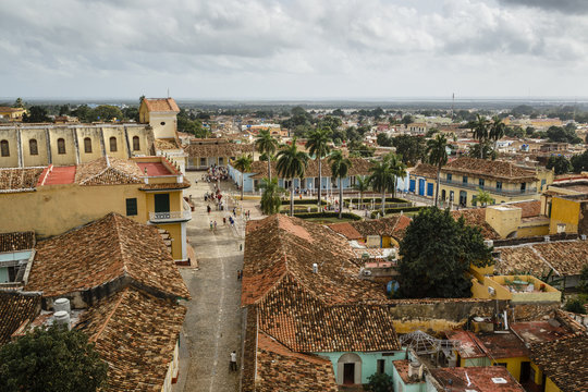 Elevated view over Plaza Mayor and the colonial city of Trinidad, Sancti Sp’ritus province, Cuba.