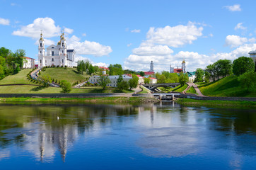 Beautiful view of historical center of Vitebsk over Western Dvina, Belarus - obrazy, fototapety, plakaty