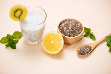 Healthy breakfast with chia pudding in glass