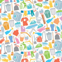background pattern with laundry and cleaning icons (soap with foam, washing machine, clothes hanging on a clothesline, detergent) 