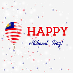 Malaysia National Day patriotic poster. Flying Rubber Balloon in Colors of the Malaysian Flag. Malaysia National Day background with Balloon, Confetti, Stars, Bokeh and Sparkles.