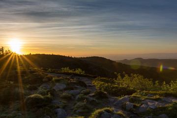 French countryside - Vosges. Sunrise in the Vosges with a hiking trail and rocks in the foreground. Rhine valley and Black Forest in the Background.