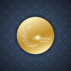 Ramadan Kareem text greetings background. Golden moon made from connected line and dots.Black background with golden mandala decoration. Eid Mubarak celebration. Vector illustration.