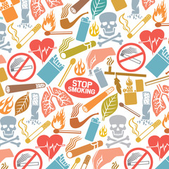 Background pattern with smoking icons (native american peace pipe, cigarette butt, burning match stick, zippo lighter, cuban cigar, tobacco leaf) 