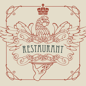 Vector restaurant menu with a picture of a hand with a tray on which is a chicken in an Art Nouveau style with a curly frame.