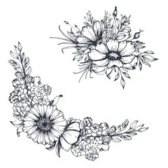 Vector hand drawn flowers. Sketch floral bouquet and border. All elements  are isolated and editable