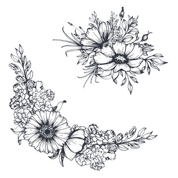 Vector Hand Drawn Flowers. Sketch Floral Bouquet And Border. All Elements  Are Isolated And Editable