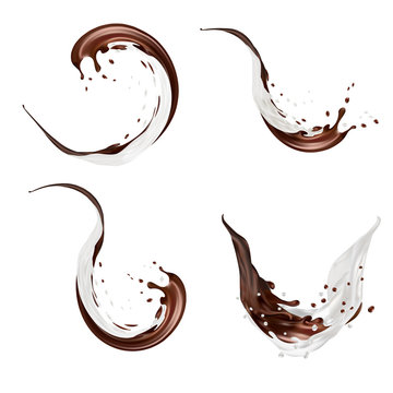 Milk And Chocolate Splashes Vector Isolated Over White Background. Pouring Liquid Or Milkshake Falling With Drops And Blots. 3d Illustration.