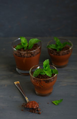 Chocolate peppermint mousse in glasses.