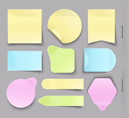 Collection of different office paper sticky, Stickers with shadow isolated on a gray background.