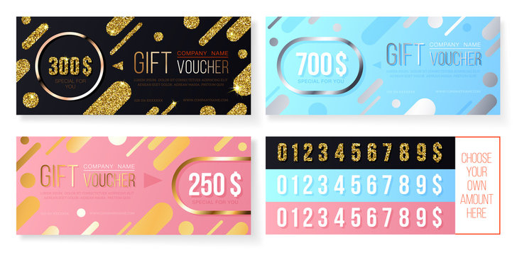 Premium gift voucher template with golden and silver glitter modern pattern. Black, pink and blue holiday cards. Concept for gift coupon, banner, flyer, invitation, certificate or ticket.