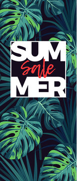 Dark tropical background with jungle plants. Floral vector sale design with green sabal palm and monstera leaves.