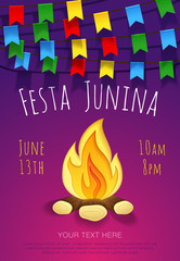 Festa junina poster with traditional paper bonfire and colorful flags. Vector banner. Latin American holiday. Brazil Festival